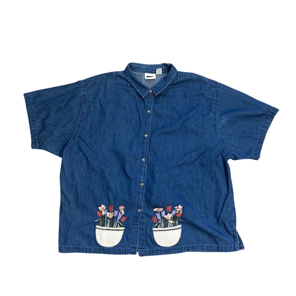 Vintage 3X Denim Button Down Shirt Embroidered Floral Blue 3D granny cottage